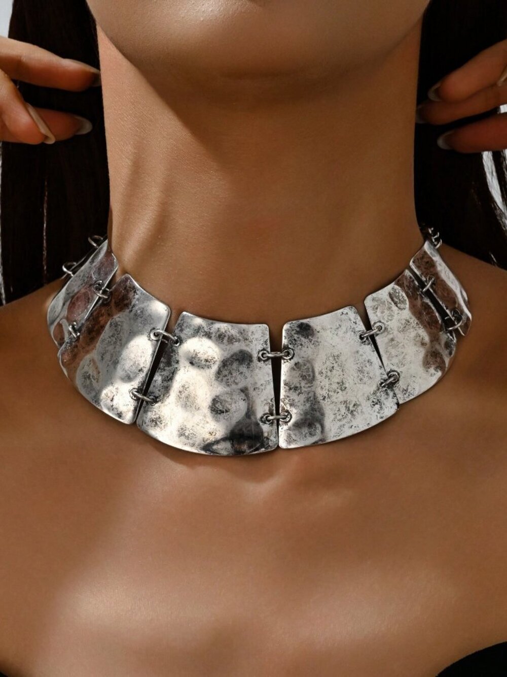 Silver Boho Women's Exaggerated Metal Geometric Hollow Wide Choker Necklace